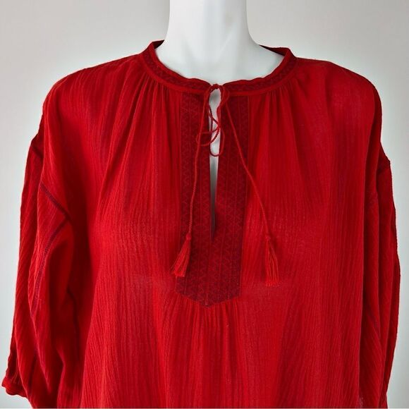 Madewell Openview Embroidered Blouse Tassels Peasant Boho Red Sz XS - Picture 5 of 9